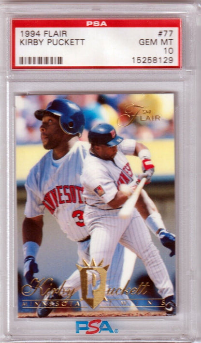 KIRBY PUCKETT 1994 Flair #77 PSA 10 GEM MINT - TWINS - Columbia Hobby - Sports Card Boxes - Toploaders - Card Savers