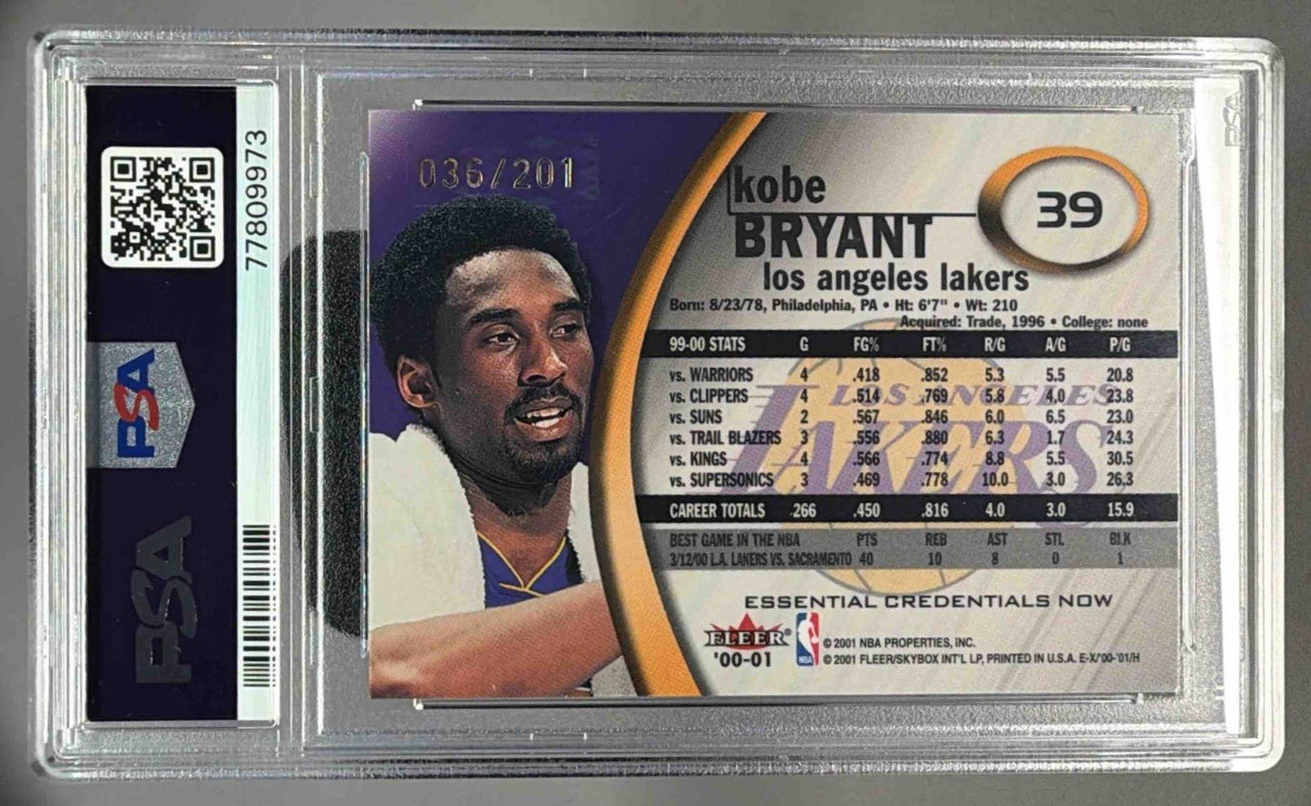 KOBE BRYANT 2000 FLEER E - X ESSENTIAL CREDENTIALS /201 PSA 8 - LAKERS - Columbia Hobby - Sports Card Boxes - Toploaders - Card Savers
