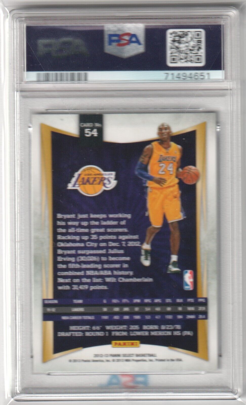 KOBE BRYANT 2012 - 13 Panini Select #54 PSA 8 NM - MT - LAKERS - Columbia Hobby - Sports Card Boxes - Toploaders - Card Savers