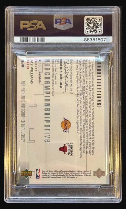 2002 UD Championship Drive Kobe Bryant Jay Williams Signs of Success dual jersey autograph graded PSA 8 Auto 8 trading card - back