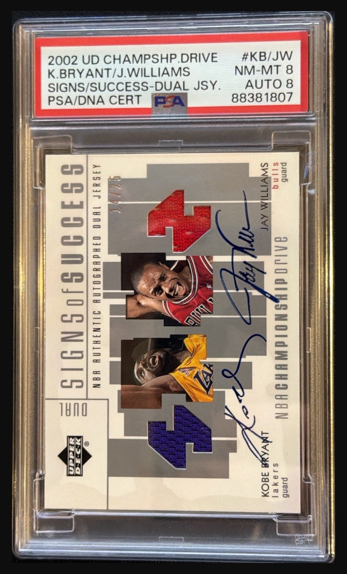 2002 UD Championship Drive Kobe Bryant Jay Williams Signs of Success dual jersey autograph graded PSA 8 Auto 8 trading card - front