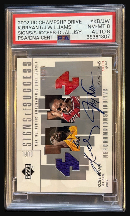 2002 UD Championship Drive Kobe Bryant Jay Williams Signs of Success dual jersey autograph graded PSA 8 Auto 8 trading card - front