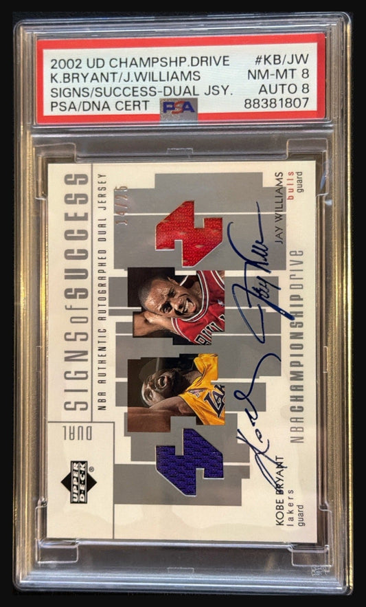 2002 UD Championship Drive Kobe Bryant Jay Williams Signs of Success dual jersey autograph graded PSA 8 Auto 8 trading card - front