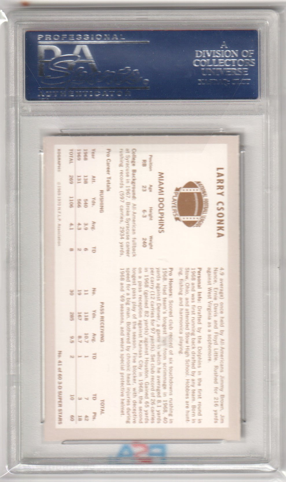 LARRY CSONKA 1970 Kellogg's 41 PSA 9 MINT - DOLPHINS - Columbia Hobby - Sports Card Boxes - Toploaders - Card Savers