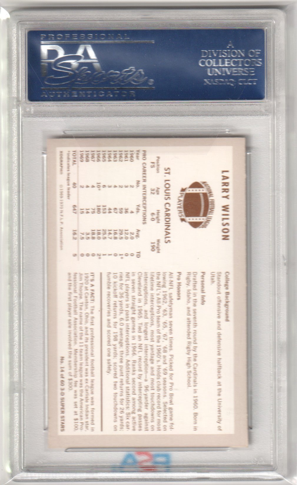 LARRY WILSON 1970 Kellogg's 14 PSA 8 NM - MT - CARDINALS - Columbia Hobby - Sports Card Boxes - Toploaders - Card Savers