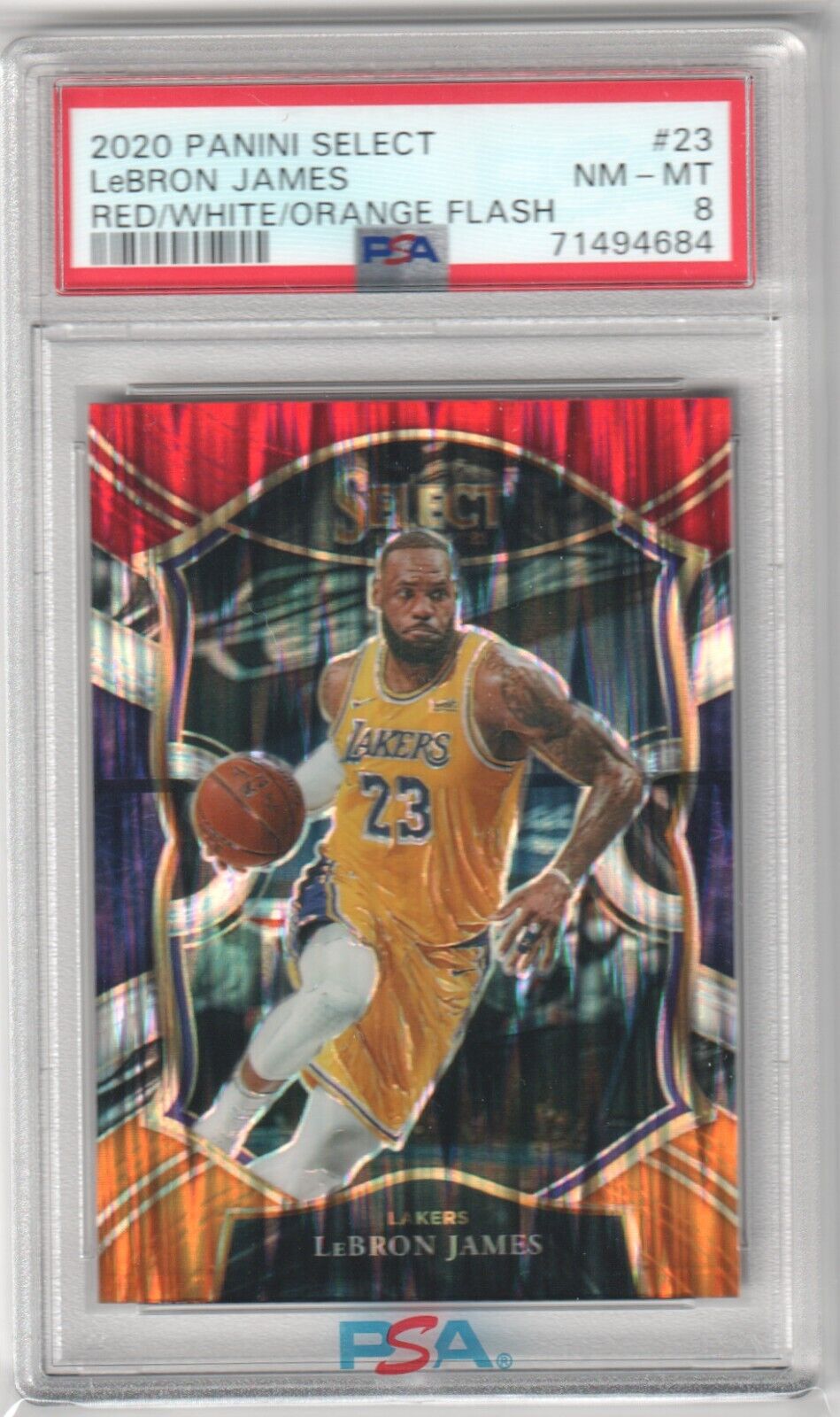 LEBRON JAMES 2020 - 21 Panini Select Red White Orange Flash #23 PSA 8 - LAKERS - Columbia Hobby - Sports Card Boxes - Toploaders - Card Savers