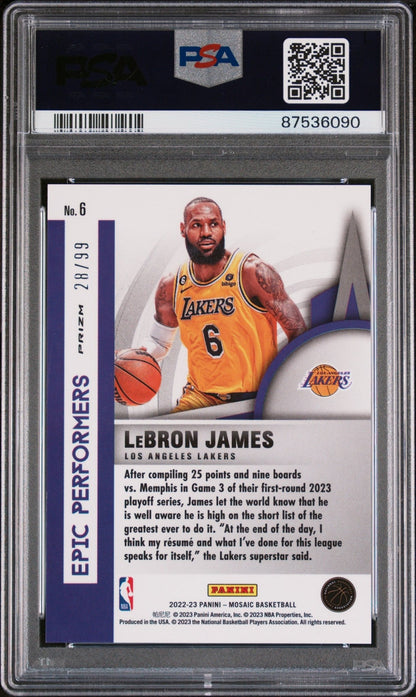 LEBRON JAMES 2022 Panini Mosaic Epic Performers Reactive Blue #/99 PSA 9 Pop 4 - Columbia Hobby - Sports Card Boxes - Toploaders - Card Savers