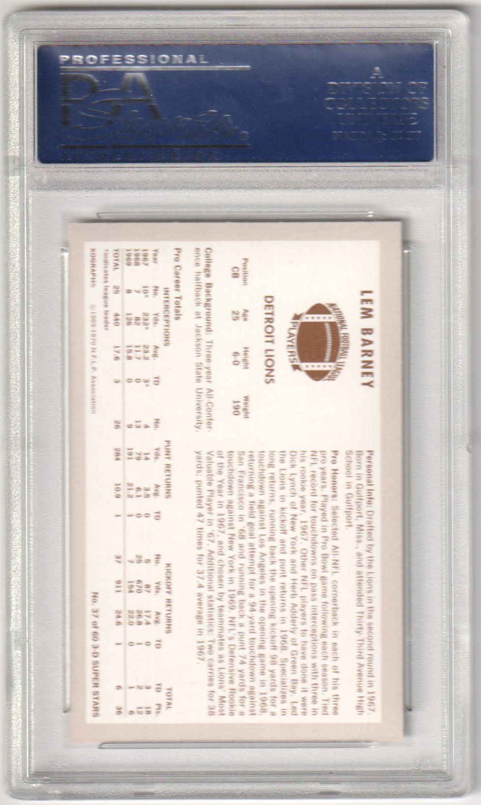 LEM BARNEY 1970 Kellogg's 37 PSA 9 MINT - LIONS - Columbia Hobby - Sports Card Boxes - Toploaders - Card Savers