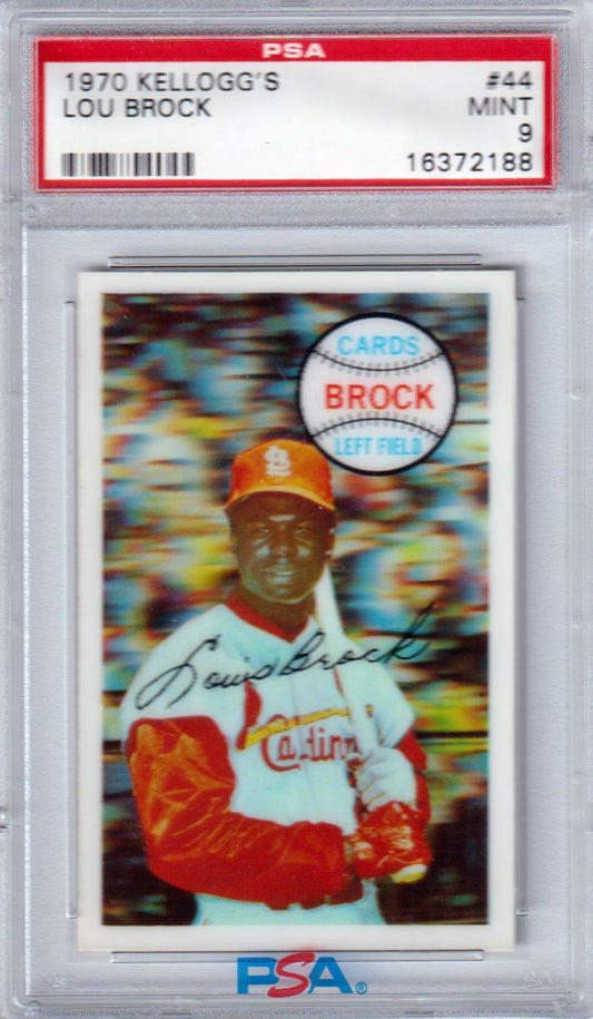 LOU BROCK 1970 Kellogg's #44 PSA 9 MINT - CARDINALS - Columbia Hobby - Sports Card Boxes - Toploaders - Card Savers