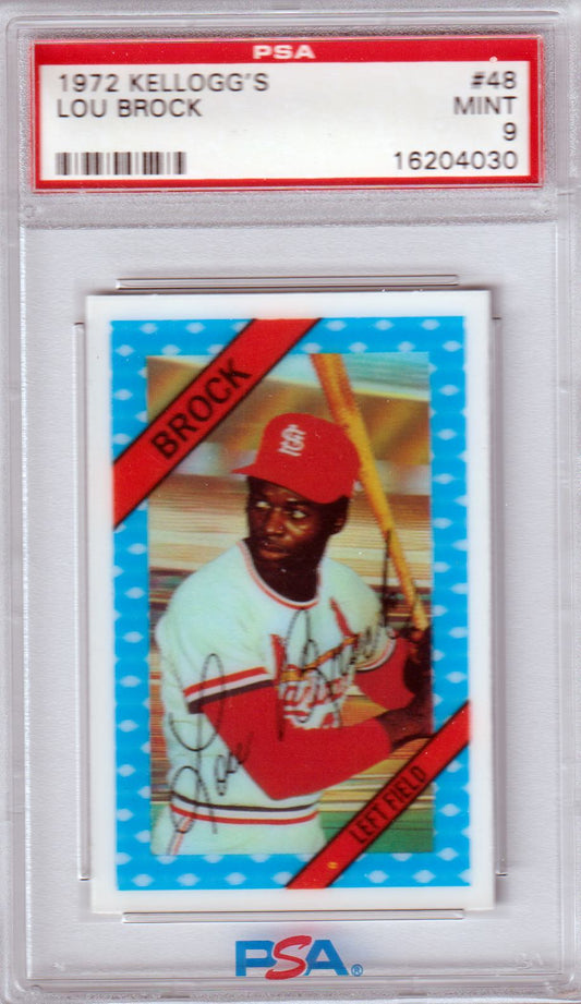 LOU BROCK 1972 Kellogg's #48 PSA 9 MINT - CARDINALS - Columbia Hobby - Sports Card Boxes - Toploaders - Card Savers