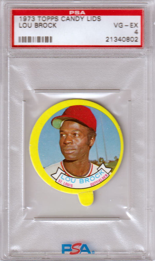 LOU BROCK 1973 Topps Candy Lids PSA 4 VG - EX - CARDINALS - Columbia Hobby - Sports Card Boxes - Toploaders - Card Savers