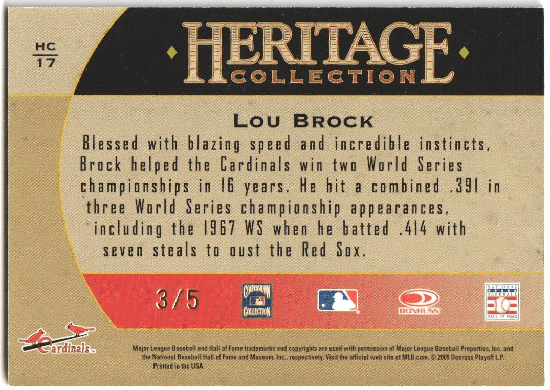 LOU BROCK 2005 Donruss Diamond Kings Autograph Auto SP #/5 - CARDINALS - Columbia Hobby - Sports Card Boxes - Toploaders - Card Savers