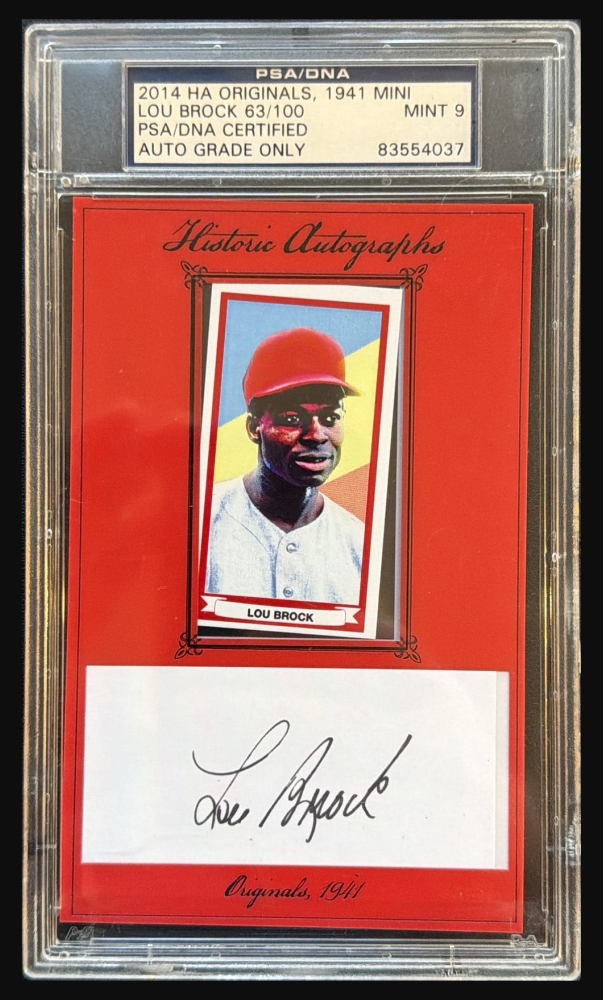 2014 Historic Autographs Originals 1941 Mini Lou Brock autograph #/100 graded PSA/DNA 9 trading card - front