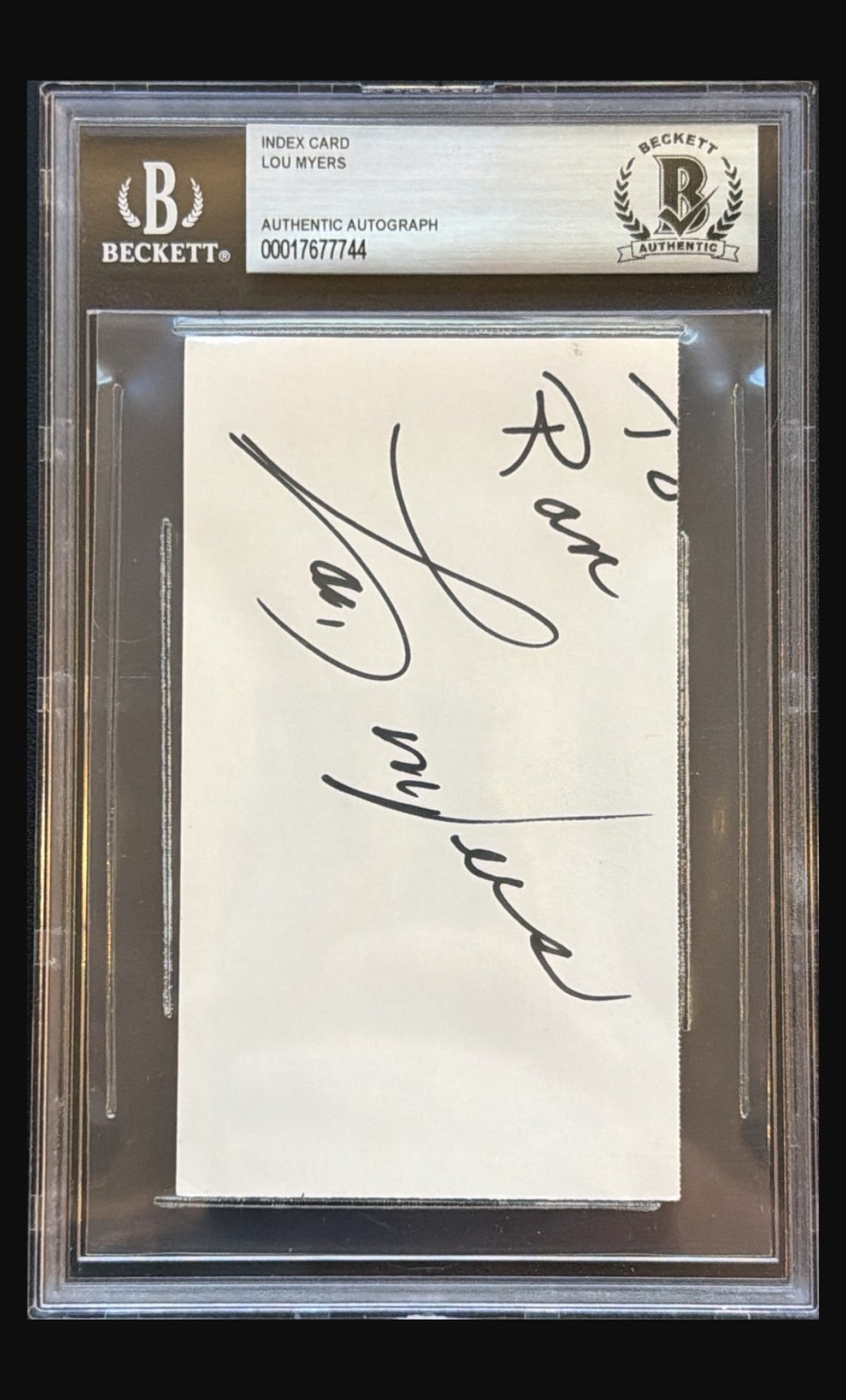 Lou Myers signed index card, Cat on a Hot Tin Roof, Beckett authentic autograph - front