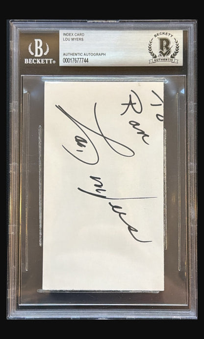 Lou Myers signed index card, Cat on a Hot Tin Roof, Beckett authentic autograph - front