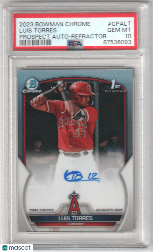 LUIS TORRES 2023 Bowman Chrome Prospect Autograph /499 Refractor PSA 10 GEM - Columbia Hobby - Sports Card Boxes - Toploaders - Card Savers