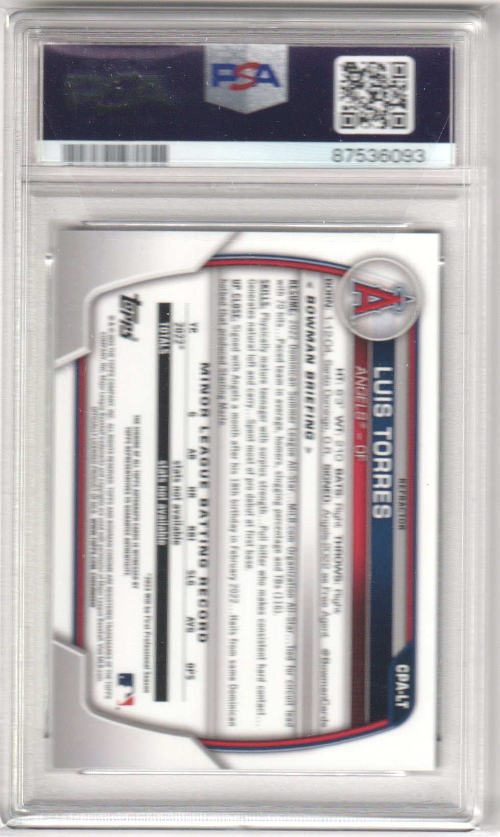 LUIS TORRES 2023 Bowman Chrome Prospect Autograph /499 Refractor PSA 10 GEM - Columbia Hobby - Sports Card Boxes - Toploaders - Card Savers