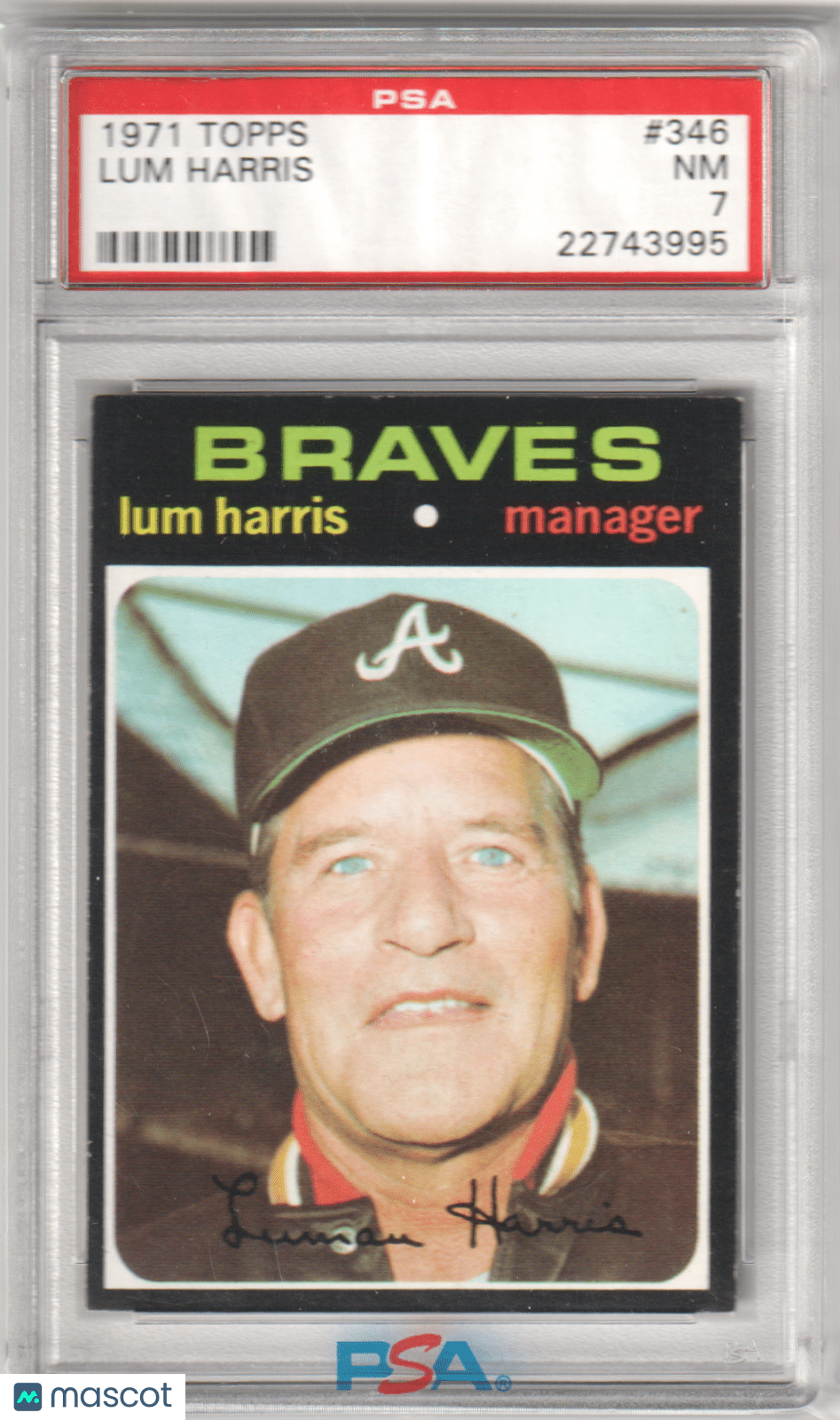 LUM HARRIS 1971 Topps #346 PSA 7 NM - BRAVES - Columbia Hobby - Sports Card Boxes - Toploaders - Card Savers
