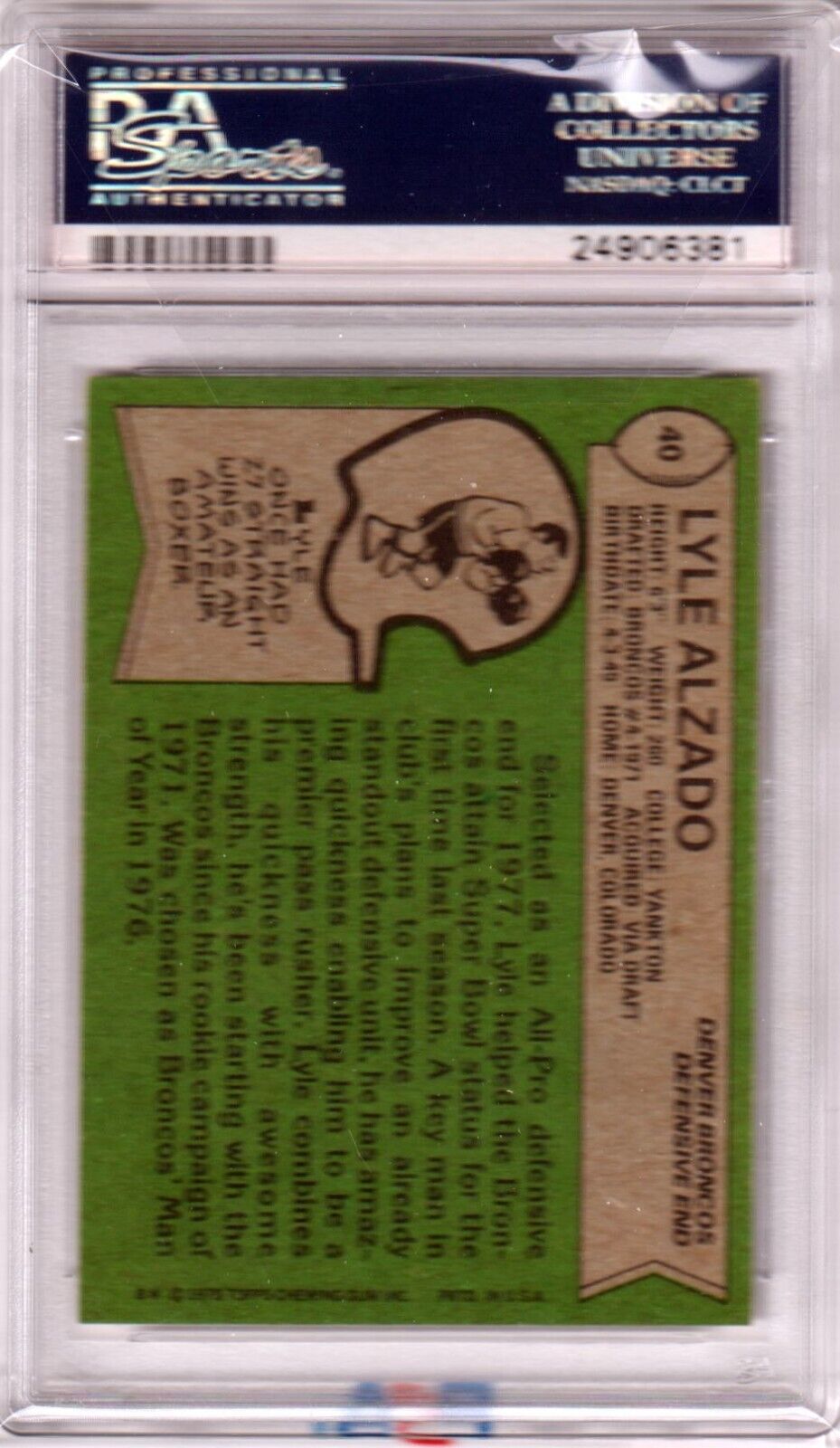 LYLE ALZADO 1978 Topps #40 PSA 9 MINT - BRONCOS - Columbia Hobby - Sports Card Boxes - Toploaders - Card Savers