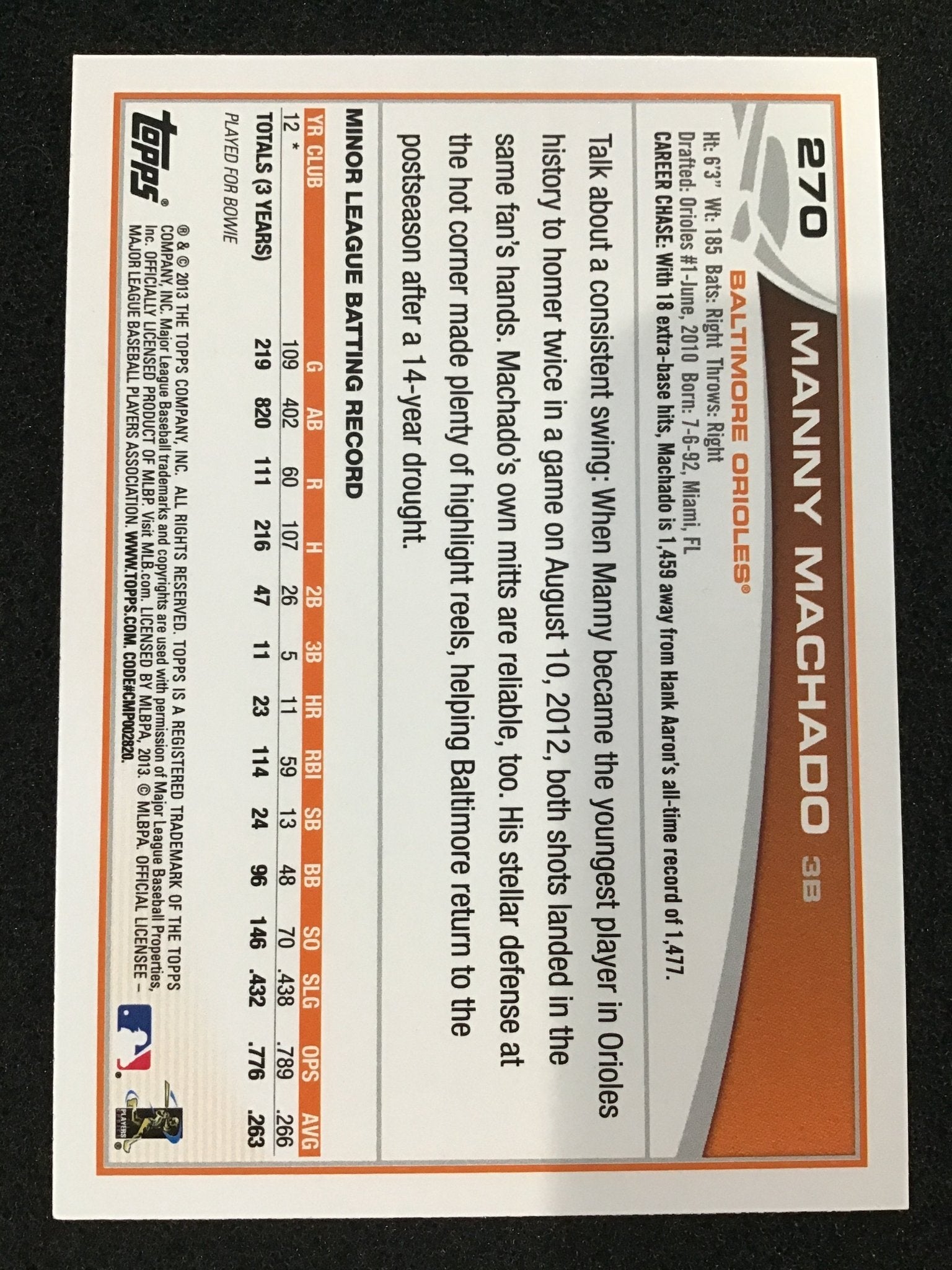 Manny Machado 2013 Topps #270 RC Rookie Baltimore Orioles - Columbia Hobby - Sports Card Boxes - Toploaders - Card Savers