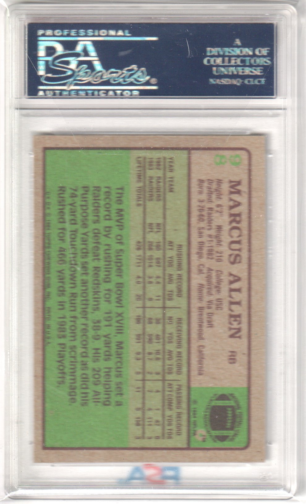 MARCUS ALLEN 1984 Topps 98 PSA 9 MINT - RAIDERS - Columbia Hobby - Sports Card Boxes - Toploaders - Card Savers