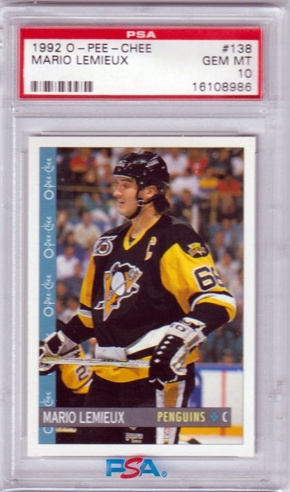 MARIO LEMIEUX 1992 O - PEE - CHEE RC Rookie #138 PSA 10 GEM MINT - PENGUINS - Columbia Hobby - Sports Card Boxes - Toploaders - Card Savers