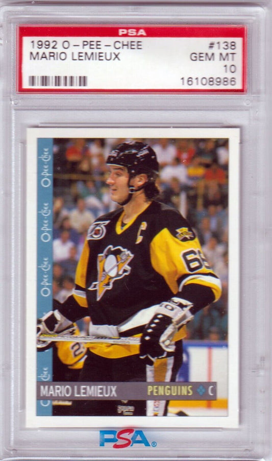 MARIO LEMIEUX 1992 O - PEE - CHEE RC Rookie #138 PSA 10 GEM MINT - PENGUINS - Columbia Hobby - Sports Card Boxes - Toploaders - Card Savers