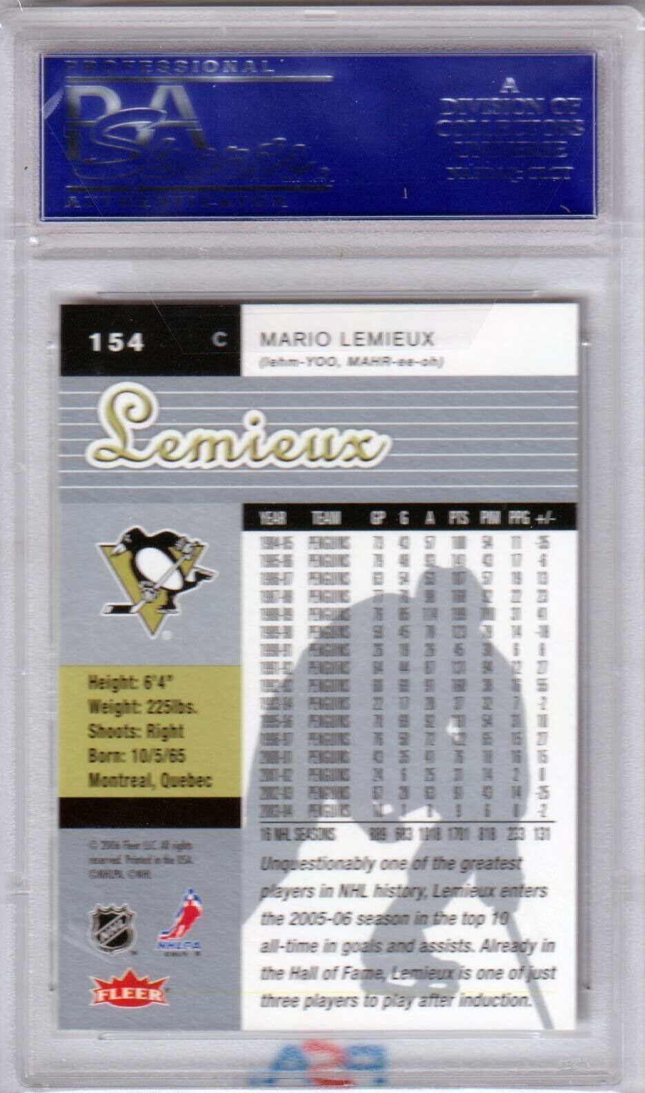 MARIO LEMIEUX 2005 Fleer UIltra #154 PSA 10 GEM MINT - PENGUINS - Columbia Hobby - Sports Card Boxes - Toploaders - Card Savers
