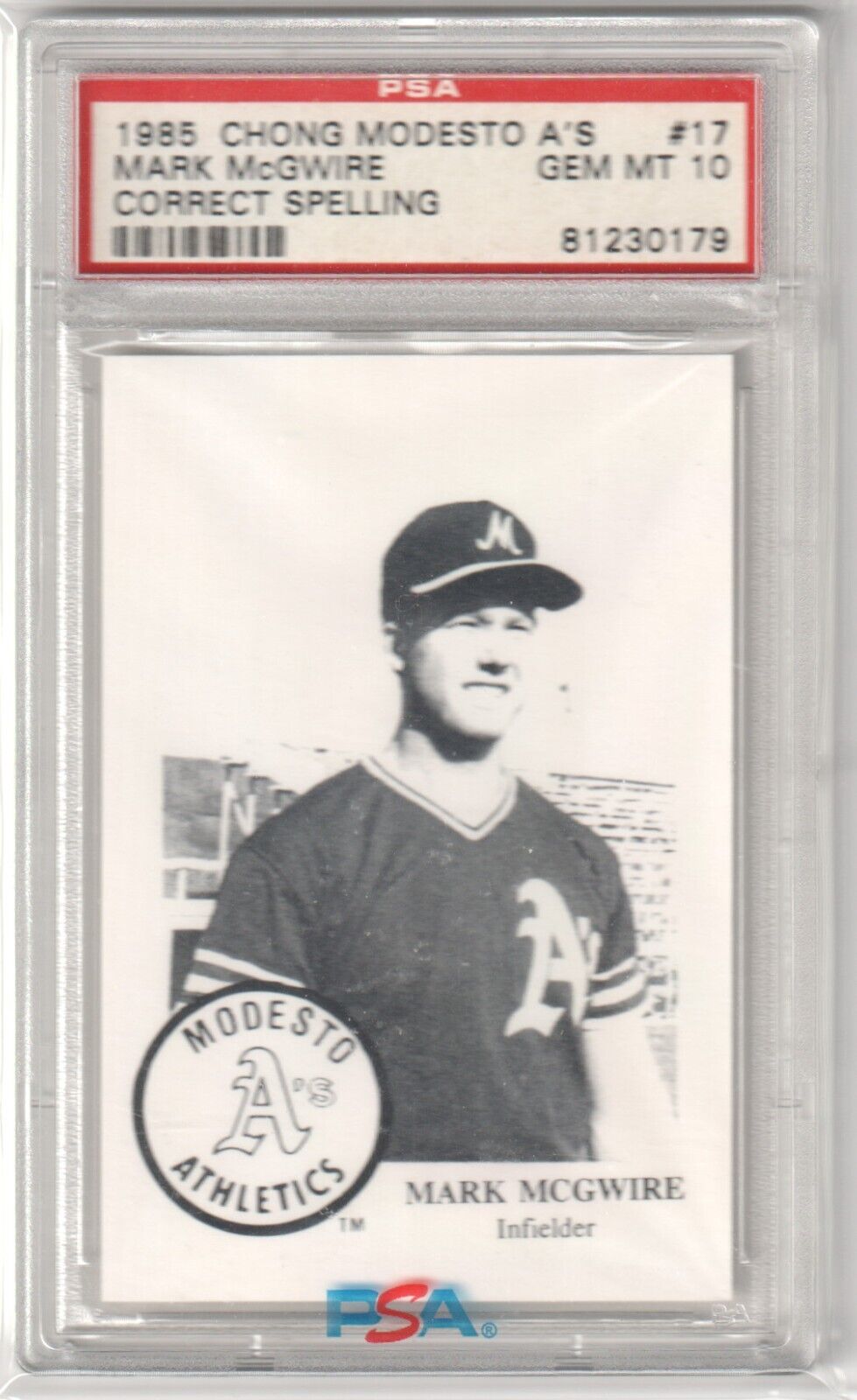 MARK McGWIRE 1985 Chong Modesto A's RC Rookie #17 PSA 10 GEM MINT - ATHLETICS - Columbia Hobby - Sports Card Boxes - Toploaders - Card Savers