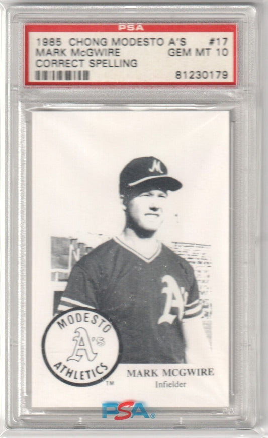 MARK McGWIRE 1985 Chong Modesto A's RC Rookie #17 PSA 10 GEM MINT - ATHLETICS - Columbia Hobby - Sports Card Boxes - Toploaders - Card Savers