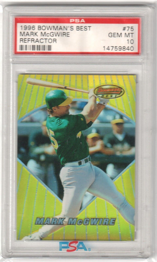 MARK McGWIRE 1996 Bowman's Best Refractor #75 PSA 10 GEM MINT - ATHLETICS - Columbia Hobby - Sports Card Boxes - Toploaders - Card Savers