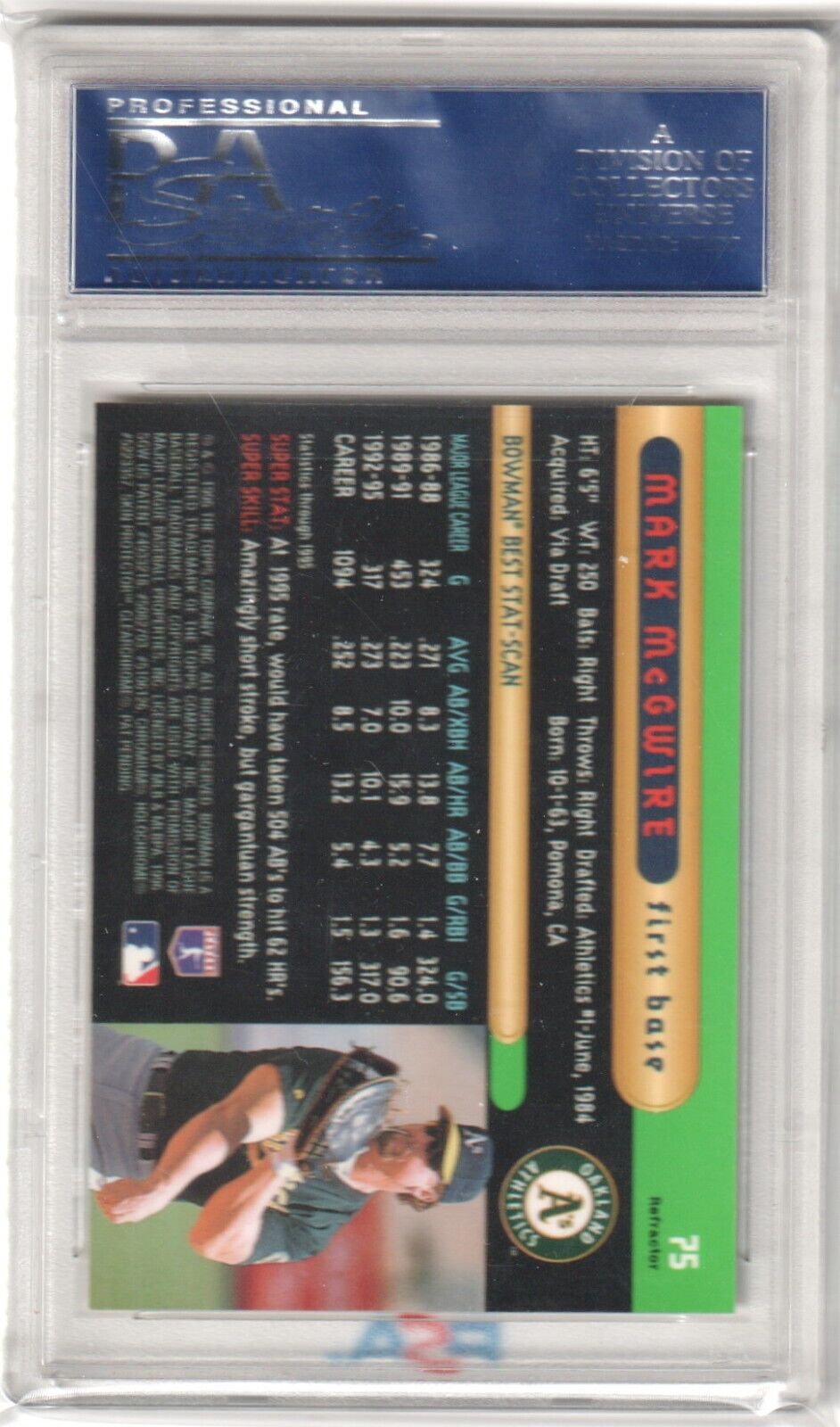 MARK McGWIRE 1996 Bowman's Best Refractor #75 PSA 10 GEM MINT - ATHLETICS - Columbia Hobby - Sports Card Boxes - Toploaders - Card Savers