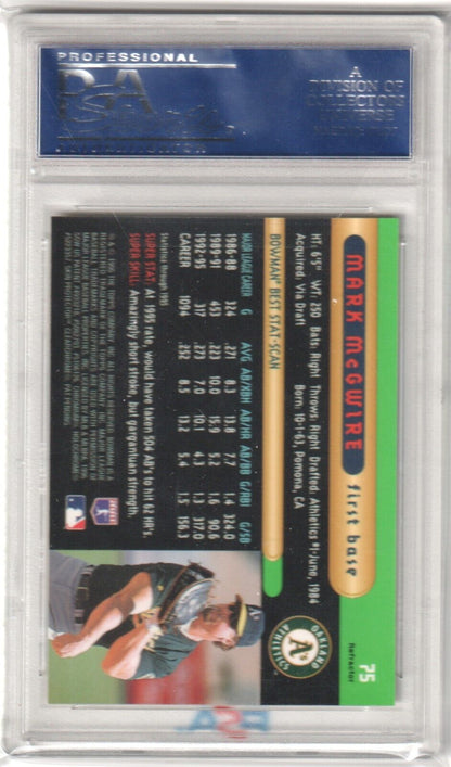 MARK McGWIRE 1996 Bowman's Best Refractor #75 PSA 10 GEM MINT - ATHLETICS - Columbia Hobby - Sports Card Boxes - Toploaders - Card Savers
