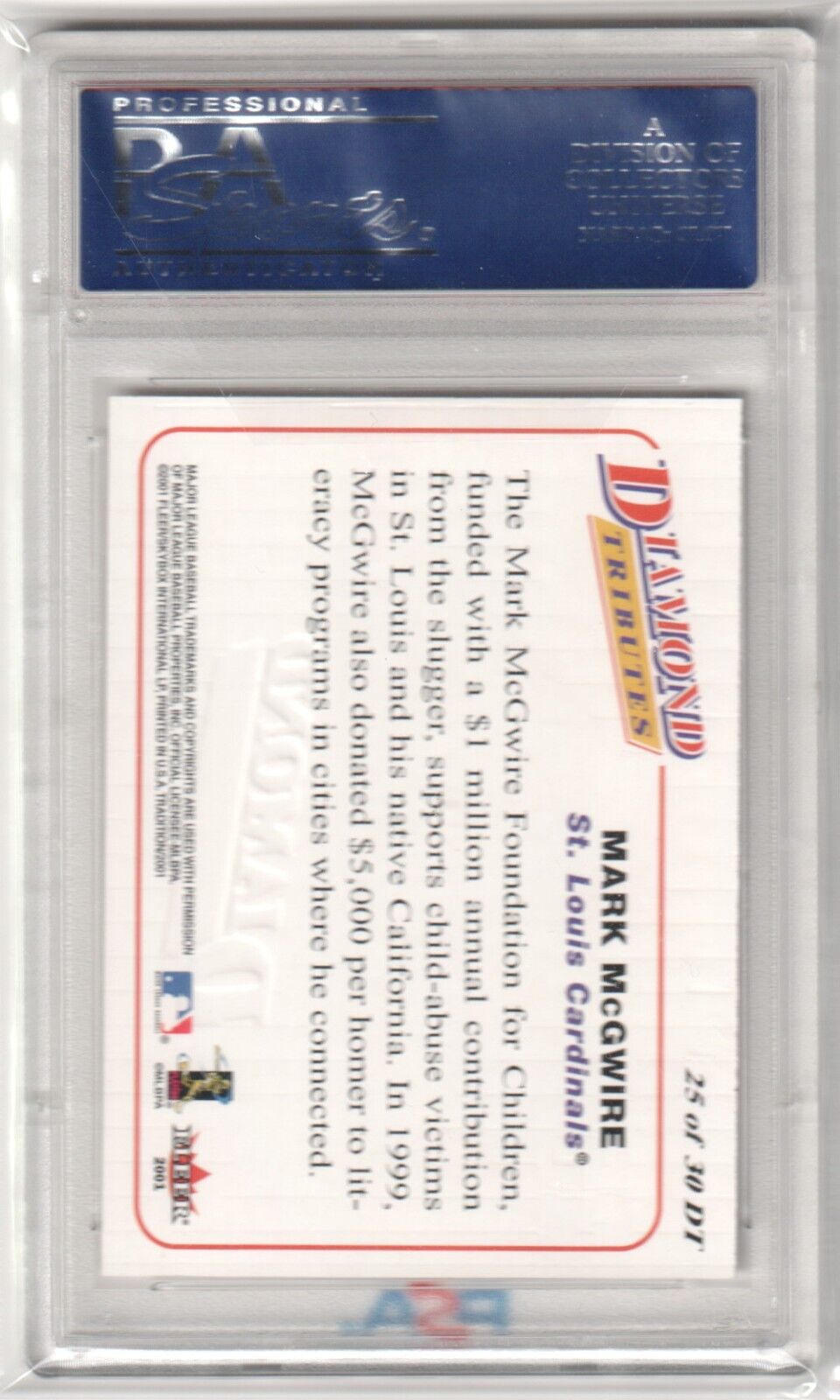 MARK McGWIRE 2001 Fleer Diamond Tributes #25 PSA 10 GEM MINT - CARDINALS - Columbia Hobby - Sports Card Boxes - Toploaders - Card Savers