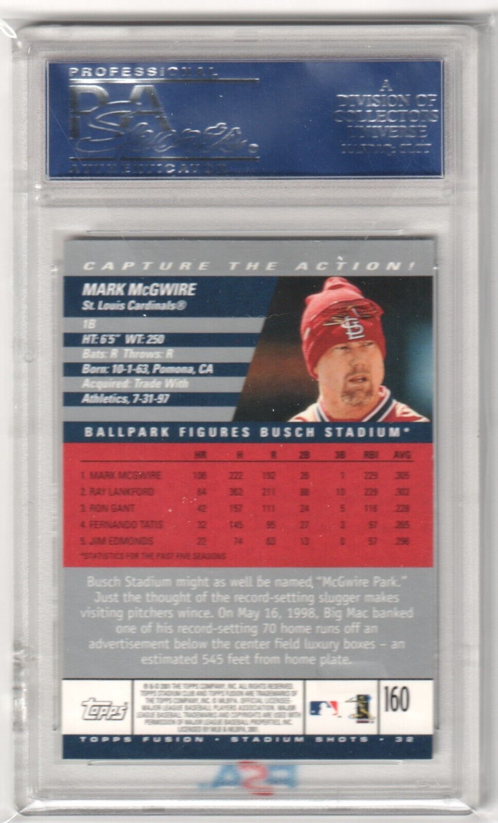 MARK McGWIRE 2001 Topps Fusion Stadium Club #160 PSA 10 GEM MINT - CARDINALS - Columbia Hobby - Sports Card Boxes - Toploaders - Card Savers