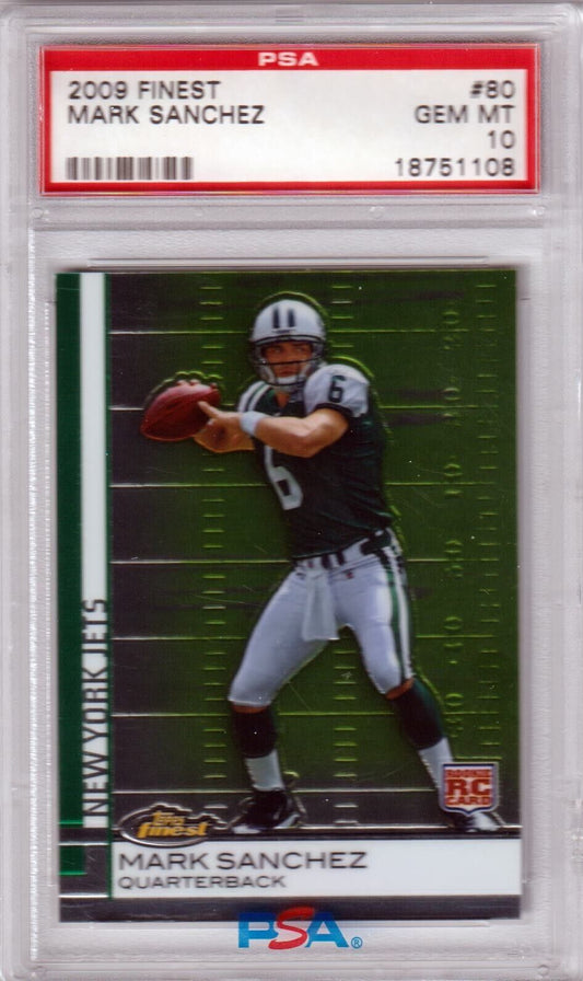 MARK SANCHEZ 2009 Topps Finest RC Rookie #80 PSA 10 GEM MINT - JETS - Columbia Hobby - Sports Card Boxes - Toploaders - Card Savers