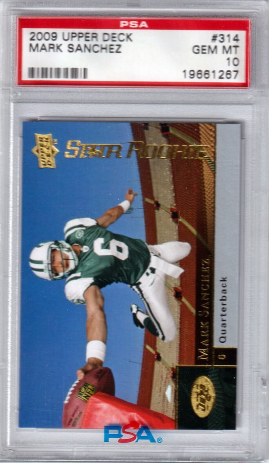 MARK SANCHEZ 2009 Upper Deck Rookie RC #314 PSA 10 GEM MINT - JETS - Columbia Hobby - Sports Card Boxes - Toploaders - Card Savers