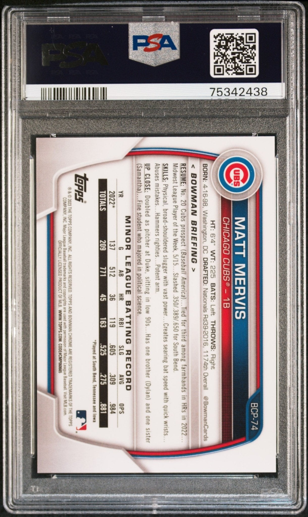 MATT MERVIS 2023 Bowman Chrome Prospects Aqua Crater Ref #/125 PSA 9 MINT - Columbia Hobby - Sports Card Boxes - Toploaders - Card Savers