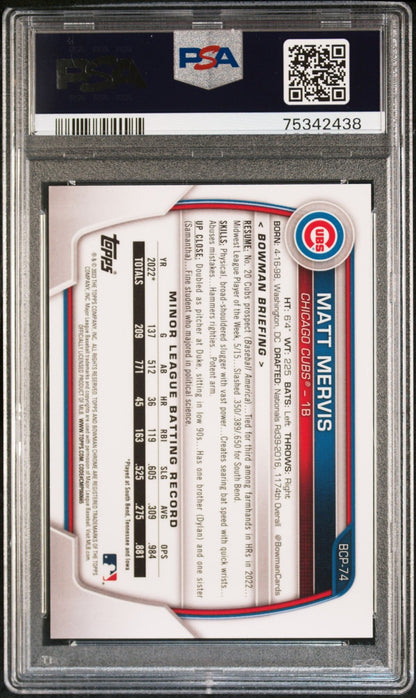 MATT MERVIS 2023 Bowman Chrome Prospects Aqua Crater Ref #/125 PSA 9 MINT - Columbia Hobby - Sports Card Boxes - Toploaders - Card Savers