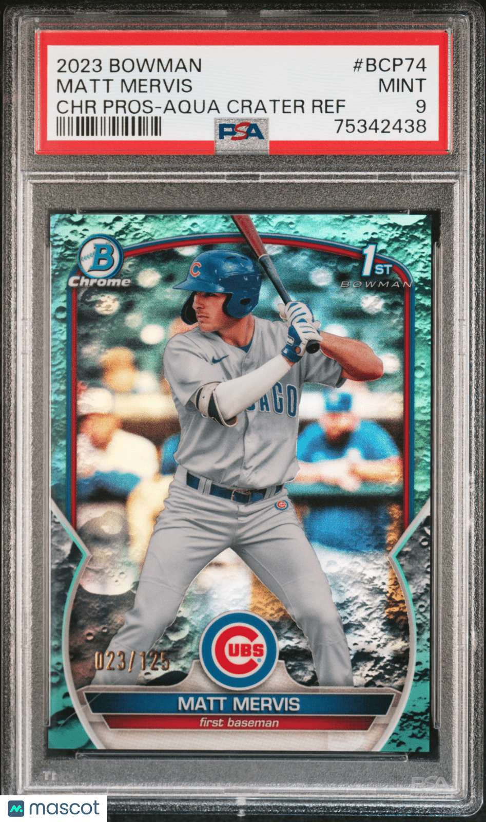 MATT MERVIS 2023 Bowman Chrome Prospects Aqua Crater Ref #/125 PSA 9 MINT - Columbia Hobby - Sports Card Boxes - Toploaders - Card Savers