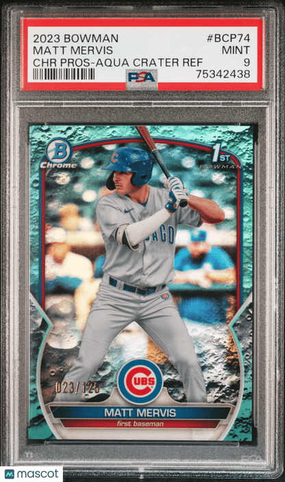 MATT MERVIS 2023 Bowman Chrome Prospects Aqua Crater Ref #/125 PSA 9 MINT - Columbia Hobby - Sports Card Boxes - Toploaders - Card Savers
