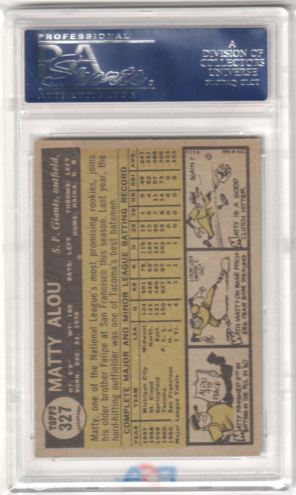 MATTY ALOU 1961 Topps #327 PSA 6 EX - MT - GIANTS - Columbia Hobby - Sports Card Boxes - Toploaders - Card Savers