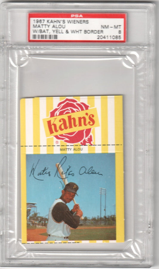 MATTY ALOU 1967 Kahn's Wieners Bat, Yell & WHT Border PSA 8 NMMT PIRATES Pop 16 - Columbia Hobby - Sports Card Boxes - Toploaders - Card Savers