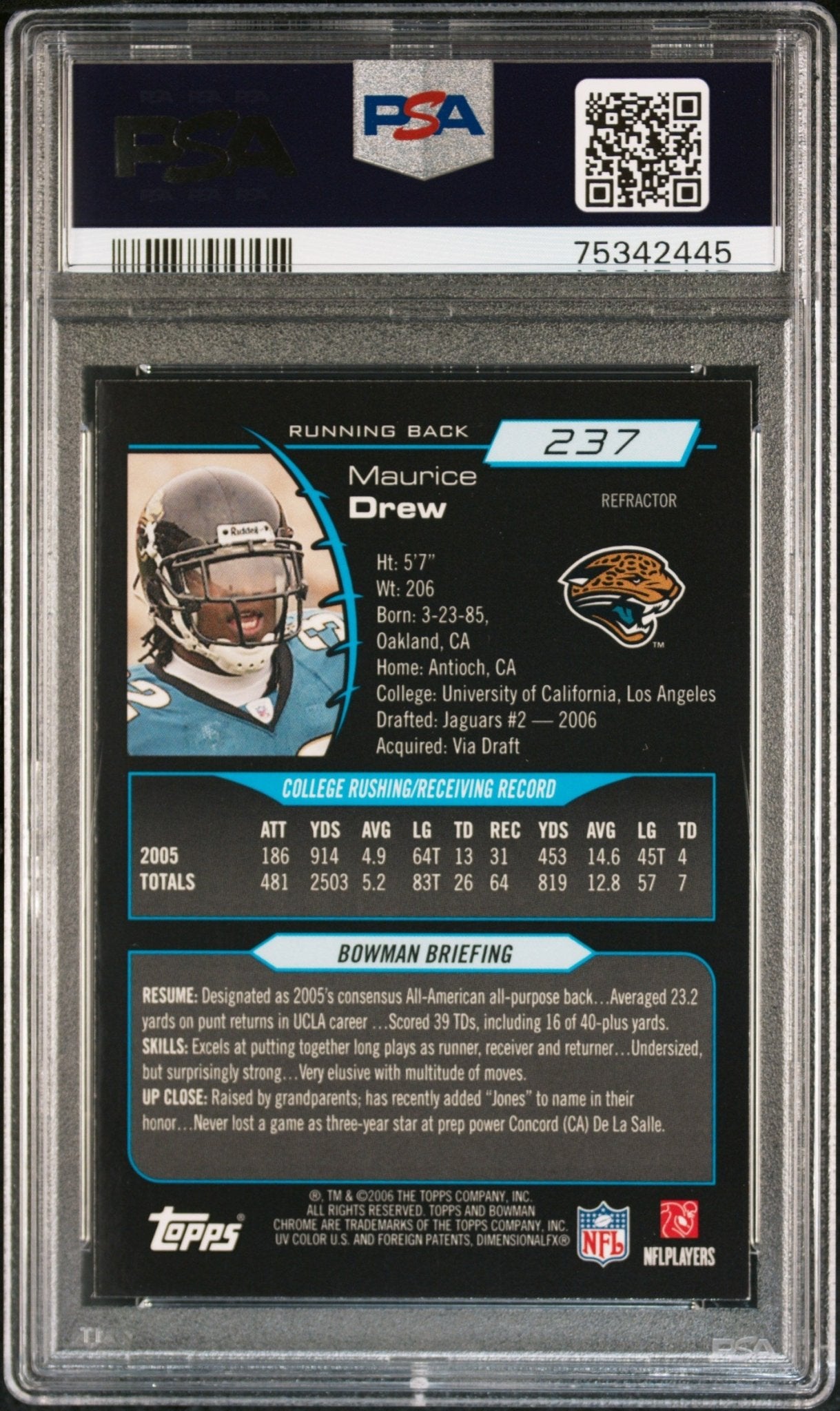 MAURICE JONES DREW 2006 Bowman Chrome RC Rookie 237 Refractor PSA 9 MINT - Columbia Hobby - Sports Card Boxes - Toploaders - Card Savers