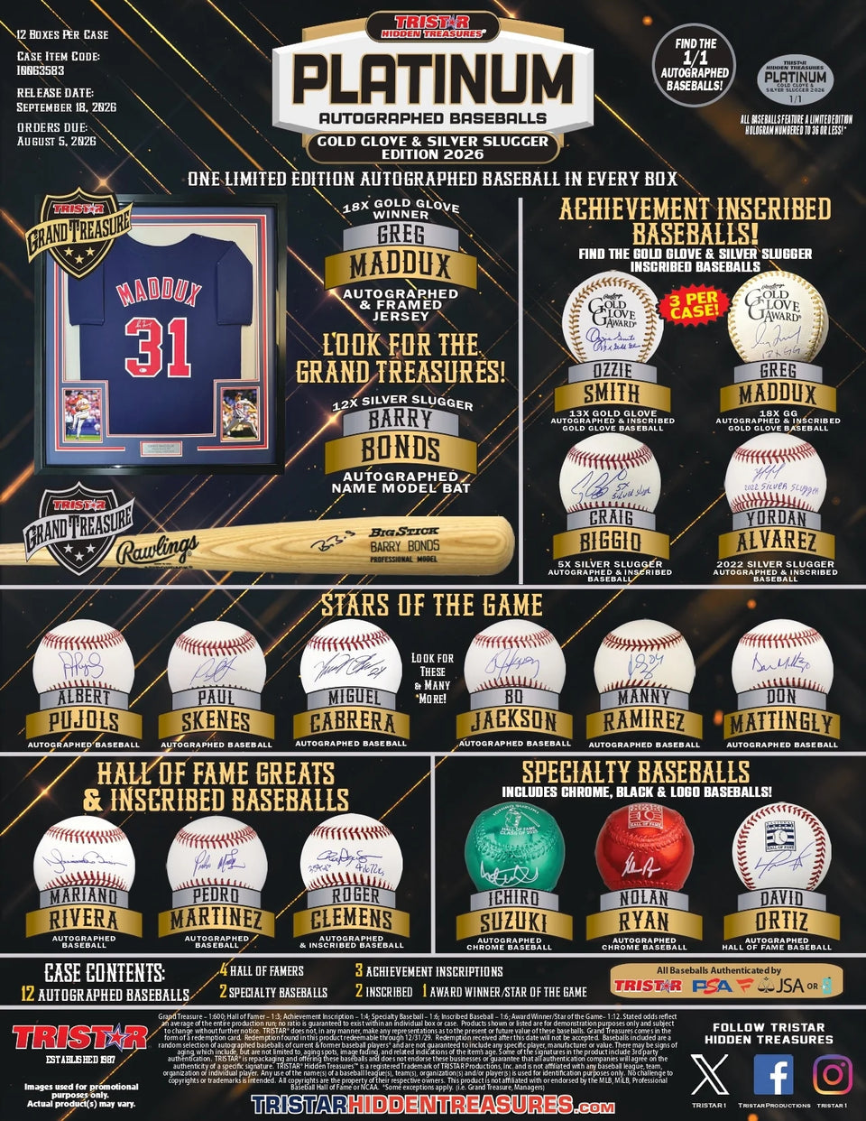 2026 TRISTAR Hidden Treasures Platinum Gold Glove and Silver Slugger Edition box
2026 TRISTAR Platinum Gold Glove and Silver Slugger autographed baseball
2026 TRISTAR Hidden Treasures inscribed autographed baseball
2026 TRISTAR Hidden Treasures specialty signed baseball
Greg Maddux autographed framed jersey Grand Treasure
Barry Bonds autographed Rawlings Name Model Bat Grand Treasure
2026 TRISTAR Hidden Treasures authenticated baseball autograph