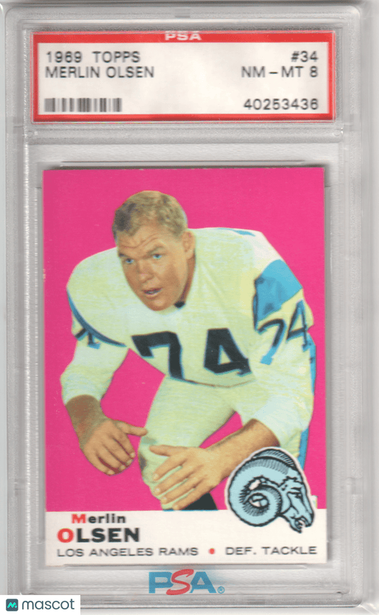 MERLIN OLSEN 1969 Topps 34 PSA 8 NM - MT - RAMS - Columbia Hobby - Sports Card Boxes - Toploaders - Card Savers
