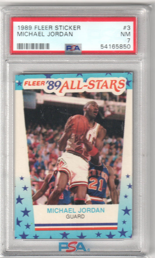 Michael Jordan 1989 Fleer Sticker #3 PSA 7 - Columbia Hobby - Sports Card Boxes - Toploaders - Card Savers