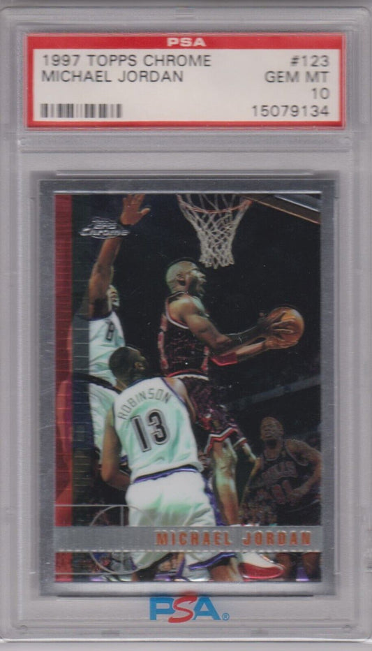 MICHAEL JORDAN 1997 - 98 Topps Chrome #123 PSA 10 - BULLS - Columbia Hobby - Sports Card Boxes - Toploaders - Card Savers
