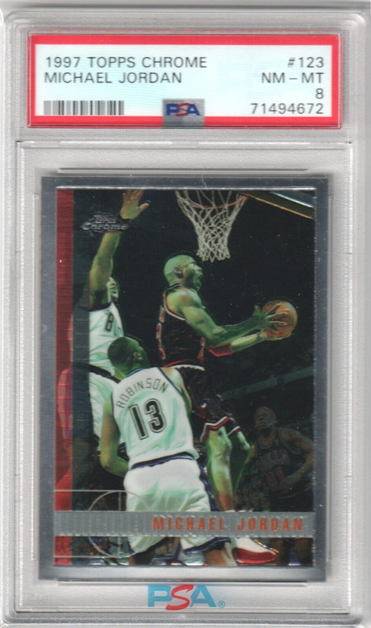 MICHAEL JORDAN 1997 - 98 Topps Chrome #123 PSA 8 NM - MT - BULLS - Columbia Hobby - Sports Card Boxes - Toploaders - Card Savers