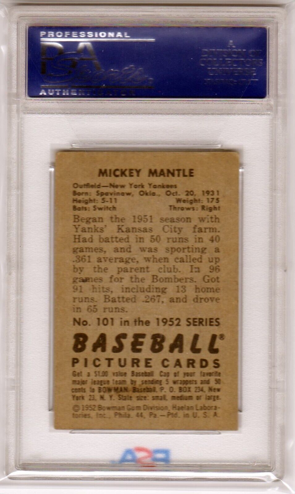 MICKEY MANTLE 1952 Bowman #101 PSA 4.5 VG - EX+ - YANKEES - Columbia Hobby - Sports Card Boxes - Toploaders - Card Savers